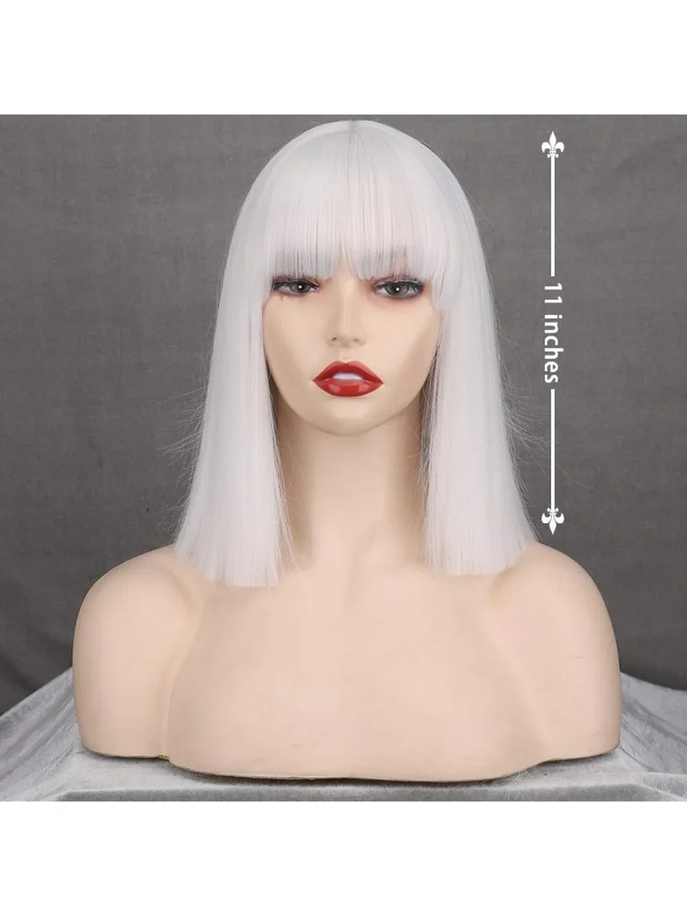 Women's White 11 Inch Heat Resistant Synthetic Short Straight Wigs Bangs